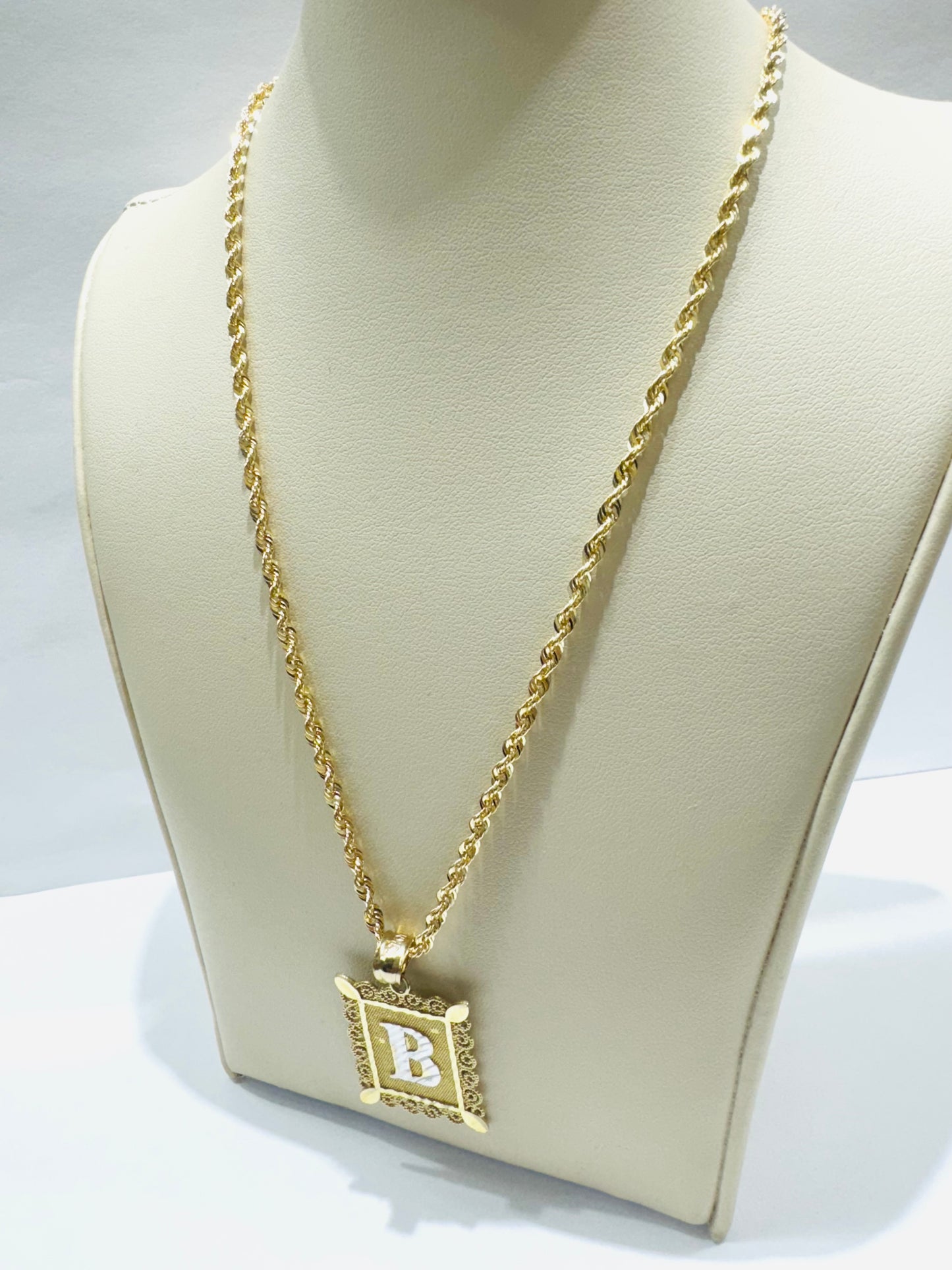 10K GOLD ROPE NECKLACE 24” WITH INITIAL “B” PENDANT