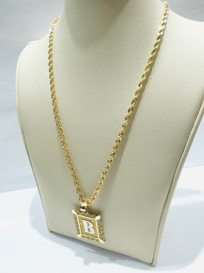 10K GOLD ROPE NECKLACE 24” WITH INITIAL “B” PENDANT