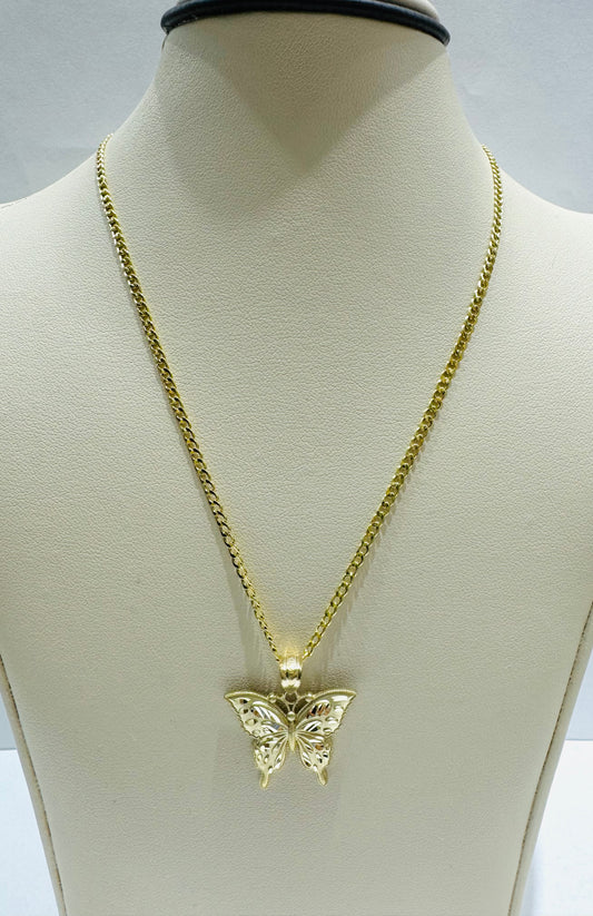 10K GOLD CUBAN LINK NECKLACE 18” WEIGHT 1.3gm, WIDTH: 2mm WITH BUTTERFLY PENDANT, WEIGHT: 1.9gm