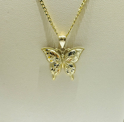 10K GOLD CUBAN LINK NECKLACE 18” WEIGHT 1.3gm, WIDTH: 2mm WITH BUTTERFLY PENDANT, WEIGHT: 1.9gm