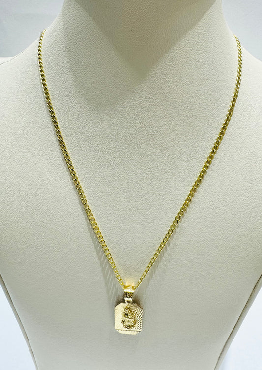 10K GOLD CUBAN LINK NECKLACE 22”, WEIGHT: 1.6gm, WIDTH: 1.99mm WITH VIRGIN MARY PENDANT, WEIGHT: 1.8gm