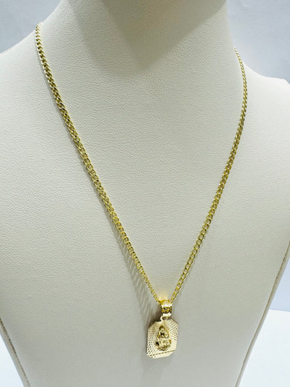 10K GOLD CUBAN LINK NECKLACE 22”, WEIGHT: 1.6gm, WIDTH: 1.99mm WITH VIRGIN MARY PENDANT, WEIGHT: 1.8gm