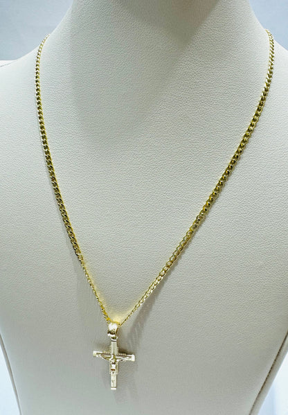 10K GOLD CUBAN LINK NECKLACE 16”, WEIGHT: 1.3gm, WIDTH: 1.97mm WITH CROSS PENDANT, WEIGHT: 0.4gm