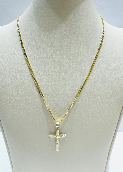 10K GOLD CUBAN LINK NECKLACE 16”, WEIGHT: 1.3gm, WIDTH: 1.97mm WITH CROSS PENDANT, WEIGHT: 0.4gm