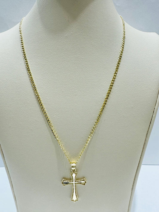 10K GOLD CUBAN LINK NECKLACE 26”, WEIGHT: 1.8gm, WIDTH: 2mm WITH CROSS PENDANT, WEIGHT: 0.8gm