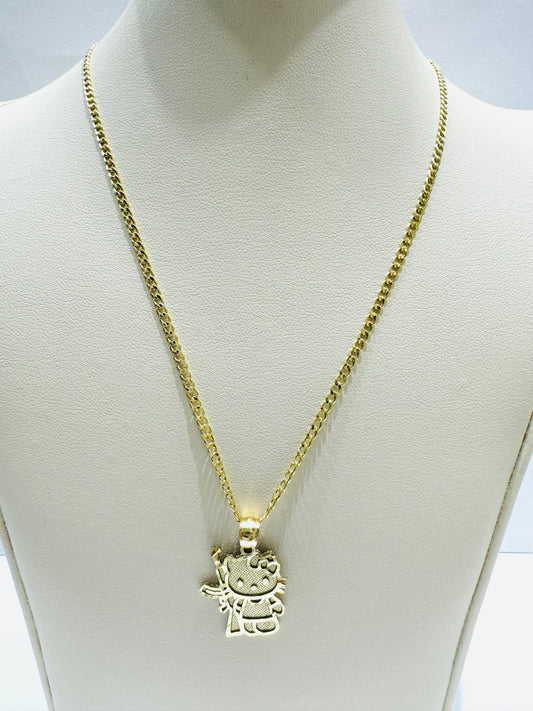 10K GOLD CUBAN LINK NECKLACE 18”, WEIGHT: 1.3gm, WIDTH: 1.99mm WITH SMALL HELLO KITTY GUN PENDANT, WEIGHT: 1.8gm