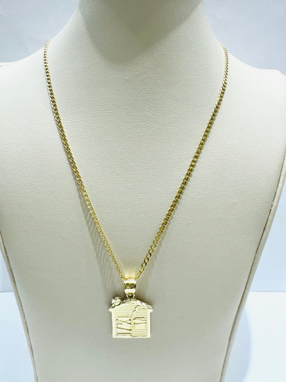 10K GOLD CUBAN LINK NECKLACE 26”, WEIGHT: 1.8gm, WIDTH: 1.99mm WITH TRAP HOUSE PENDANT, WEIGHT: 2gm