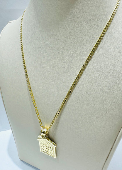 10K GOLD CUBAN LINK NECKLACE 26”, WEIGHT: 1.8gm, WIDTH: 1.99mm WITH TRAP HOUSE PENDANT, WEIGHT: 2gm