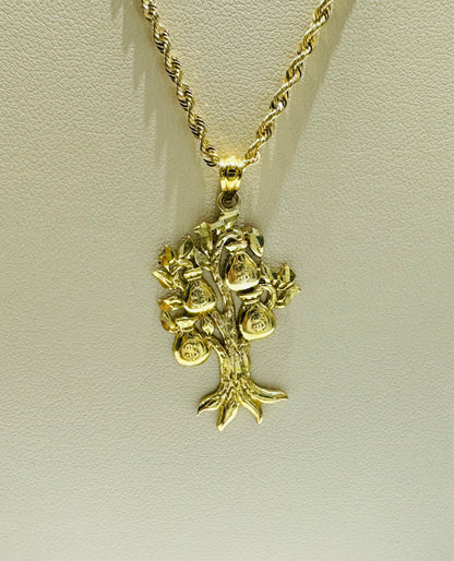 10K GOLD ROPE NECKLACE 24”, WEIGHT: 2gm, WIDTH: 1.77mm WITH MONEYBAG TREE PENDANT, WEIGHT: 1.5gm
