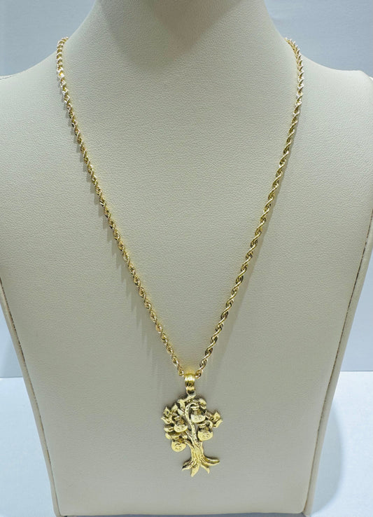 10K GOLD ROPE NECKLACE 24”, WEIGHT: 2gm, WIDTH: 1.77mm WITH MONEYBAG TREE PENDANT, WEIGHT: 1.5gm
