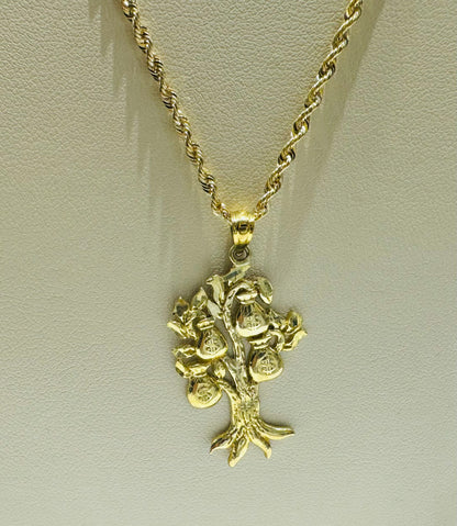 10K GOLD ROPE NECKLACE 24”, WEIGHT: 2gm, WIDTH: 1.77mm WITH MONEYBAG TREE PENDANT, WEIGHT: 1.5gm