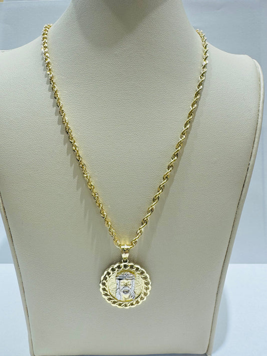 10K GOLD ROPE NECKLACE 20”, WEIGHT: 3.6gm, WIDTH: 2.43mm WITH ROUND JESUS FACE PENDANT, WEIGHT: 2.2gm