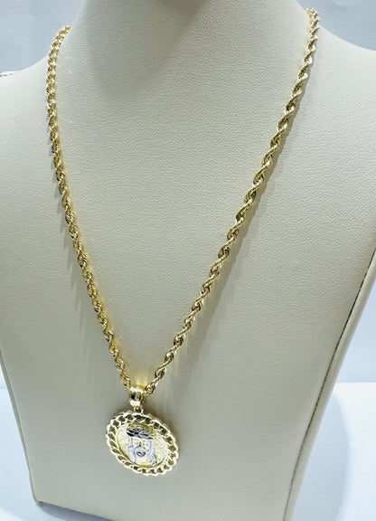 10K GOLD ROPE NECKLACE 20”, WEIGHT: 3.6gm, WIDTH: 2.43mm WITH ROUND JESUS FACE PENDANT, WEIGHT: 2.2gm