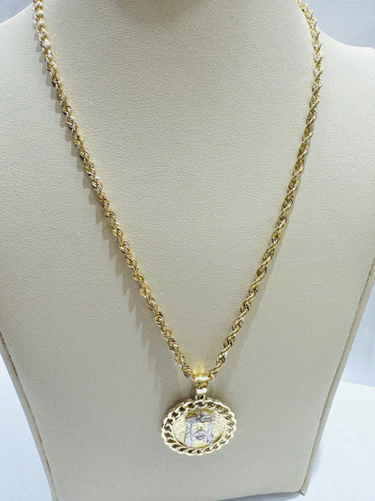 10K GOLD ROPE NECKLACE 20”, WEIGHT: 3.6gm, WIDTH: 2.43mm WITH ROUND JESUS FACE PENDANT, WEIGHT: 2.2gm