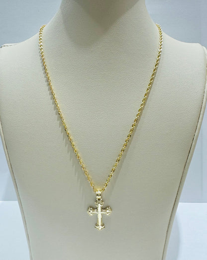 10K GOLD ROPE NECKLACE 22”, WEIGHT: 1.8gm, WIDTH: 1.7mm WITH SMALL CROSS PENDANT, WEIGHT: 0.8gm