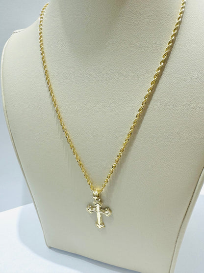 10K GOLD ROPE NECKLACE 22”, WEIGHT: 1.8gm, WIDTH: 1.7mm WITH SMALL CROSS PENDANT, WEIGHT: 0.8gm