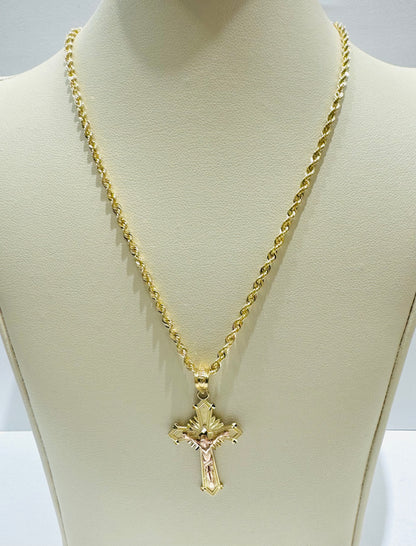 10K GOLD ROPE NECKLACE 22”, WEIGHT: 2.6gm, WIDTH: 2.17mm WITH TWO TONED CROSS PENDANT, WEIGHT: 1.8gm