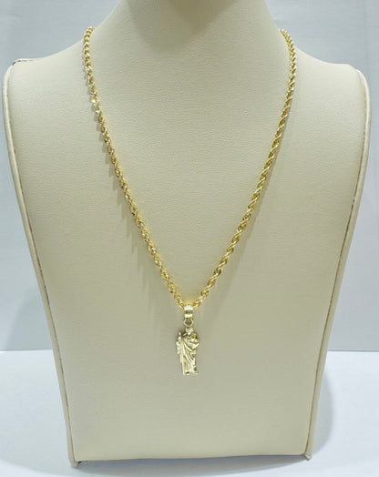 10K GOLD ROPE NECKLACE 22”, WEIGHT: 2.6gm, WIDTH: 2.14mm AND SMALL JESUS PENDANT, WEIGHT: 0.5gm