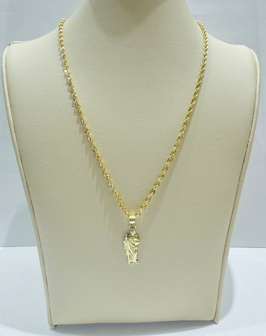 10K GOLD ROPE NECKLACE 22”, WEIGHT: 2.6gm, WIDTH: 2.14mm AND SMALL JESUS PENDANT, WEIGHT: 0.5gm