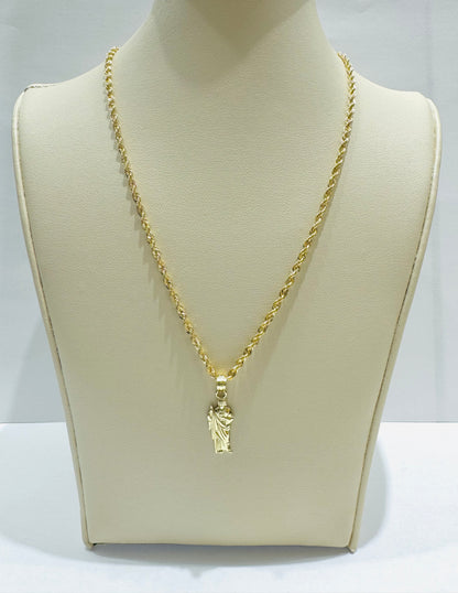 10K GOLD ROPE NECKLACE 22”, WEIGHT: 2.6gm, WIDTH: 2.14mm AND SMALL JESUS PENDANT, WEIGHT: 0.5gm