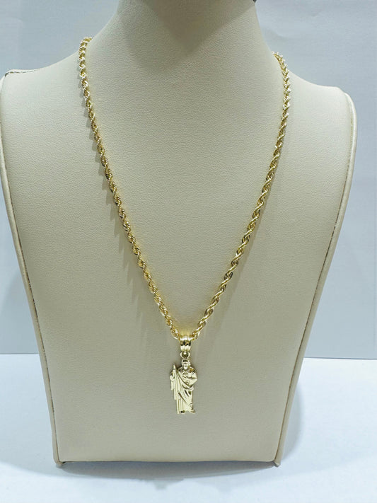 10K GOLD ROPE NECKLACE 20”, WEIGHT: 3.4gm, WIDTH: 2.39mm AND JESUS PENDANT, WEIGHT: 1.1gm