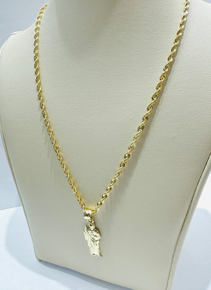 10K GOLD ROPE NECKLACE 20”, WEIGHT: 3.4gm, WIDTH: 2.39mm AND JESUS PENDANT, WEIGHT: 1.1gm