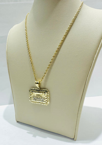 10K GOLD ROPE NECKLACE 22”, WEIGHT: 2gm, WIDTH: 1.99mm AND SQUARE LASTSUPPER PENDANT, WEIGHT: 2.8gm