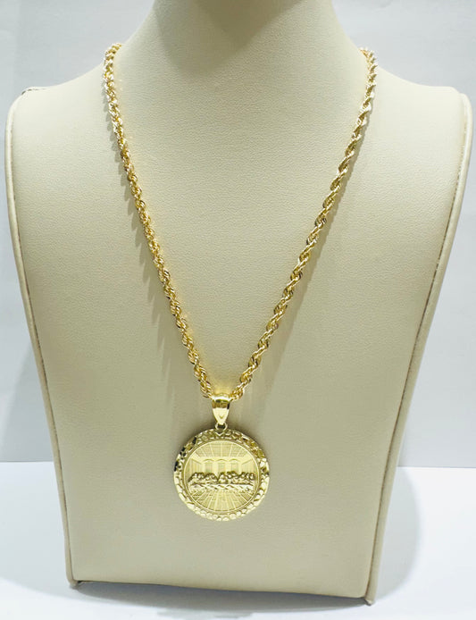 10K GOLD ROPE NECKLACE 22”, WEIGHT: 4.1gm, WIDTH: 2.86mm AND ROUND LASTSUPPER PENDANT, WEIGHT: 3.8gm