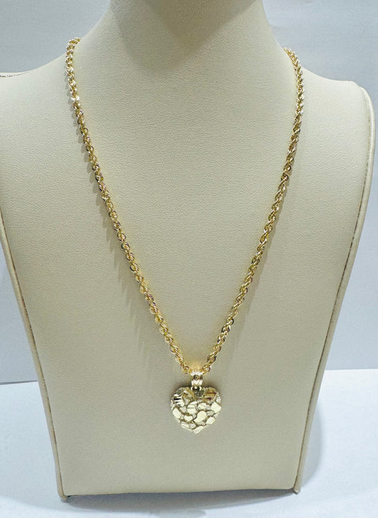 10K GOLD ROPE NECKLACE 18”, WEIGHT: 3.2gm, WIDTH: 2.52mm AND HEART PENDANT, WEIGHT: 1.6gm