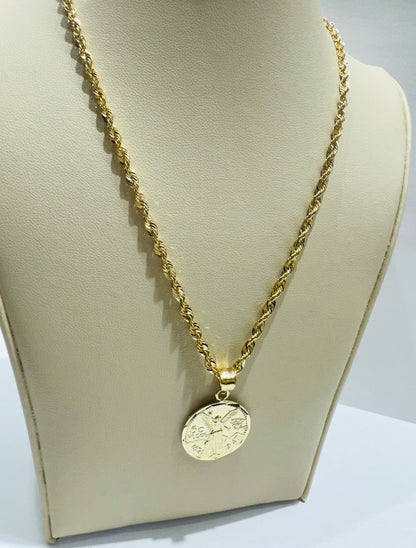 10K GOLD ROPE NECKLACE 20”, WEIGHT: 3.7gm, WIDTH: 2.86mm AND 50 PESOS PENDANT, WEIGHT: 2.9gm
