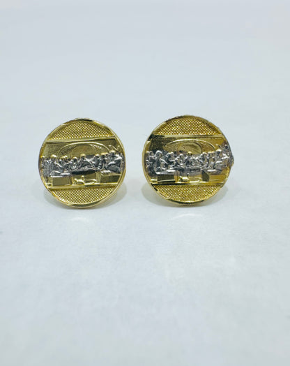 10K GOLD CUSTOM MADE, ROUND TWO TONED SMALL LASTSUPPER EARRINGS, WEIGHT: 1.2gm
