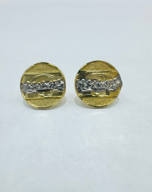 10K GOLD CUSTOM MADE, ROUND TWO TONED SMALL LASTSUPPER EARRINGS, WEIGHT: 1.2gm