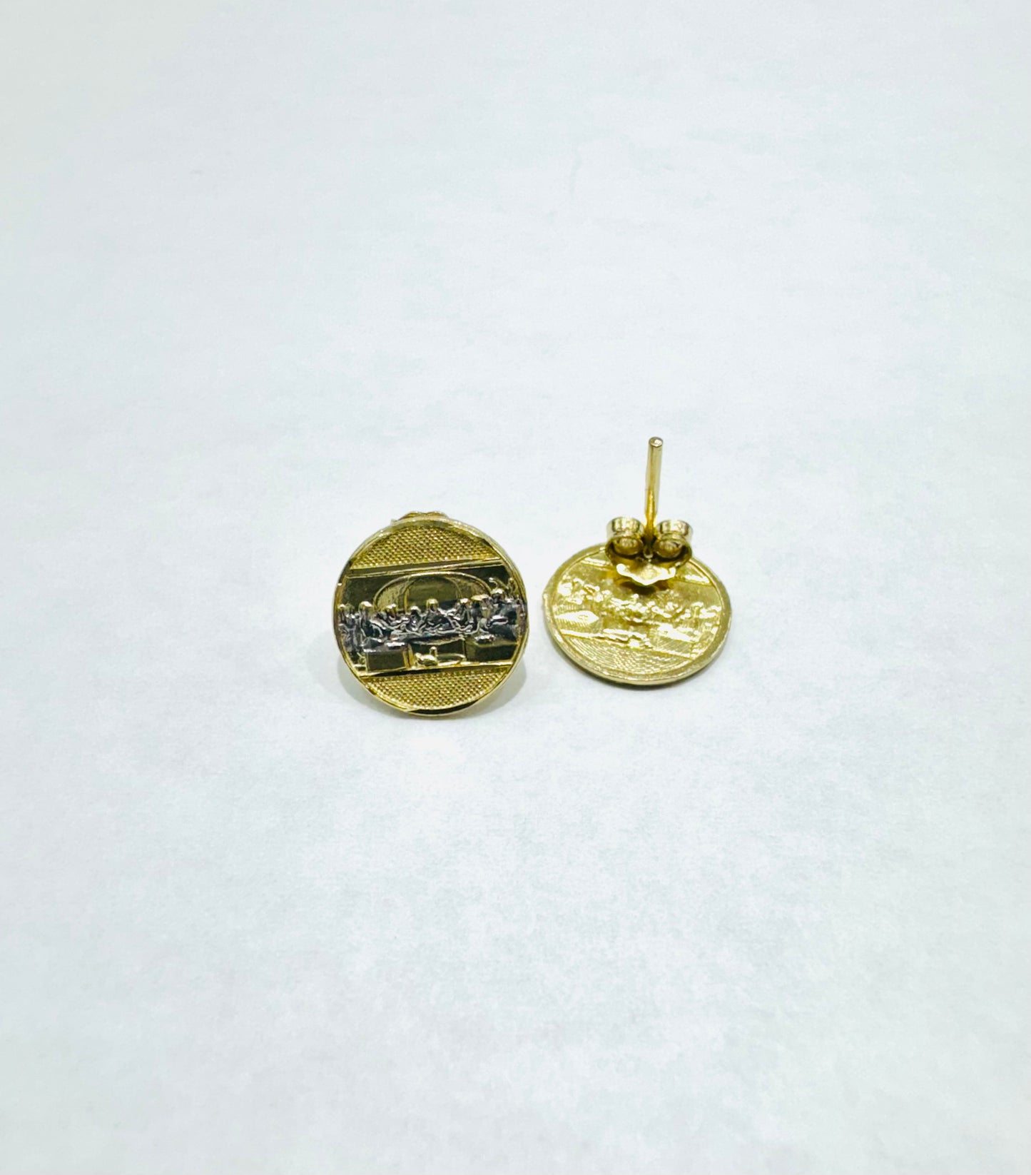 10K GOLD CUSTOM MADE, ROUND TWO TONED SMALL LASTSUPPER EARRINGS, WEIGHT: 1.2gm