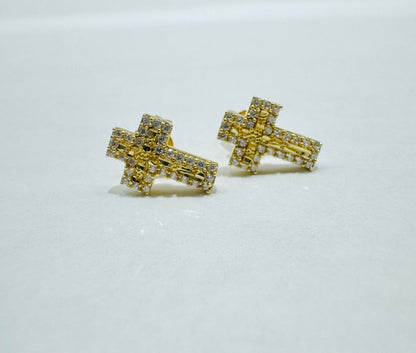 10K GOLD SMALL NUGGET CROSS EARRINGS WITH CZ STONES, WEIGHT: 1.2gm