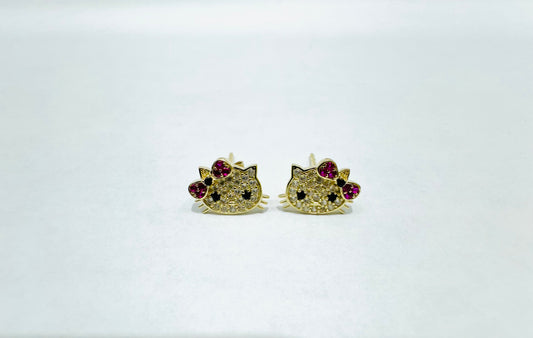 10K GOLD SMALL HELLO KITTY FACE EARRINGS WITH CZ STONES, WEIGHT: 1.1gm