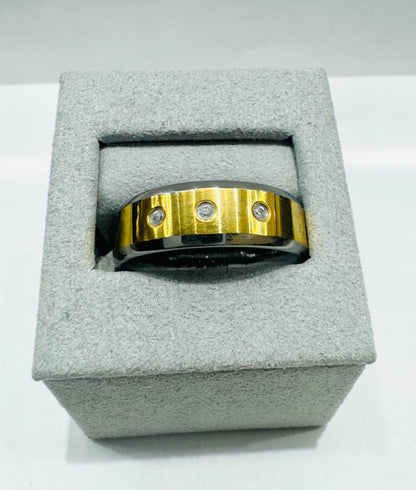 TWO TONE TUNGSTEN CARBIDE WEDDING BAND WITH THREE CZ STONES, WIDTH: 8mm, SIZE: 13