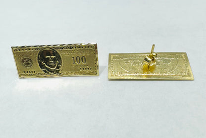 10K GOLD 100 DOLLAR BILL EARRINGS, WEIGHT: 3.5gm