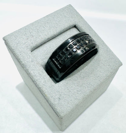 BLACK TUNGSTEN CARBIDE MENS WEDDING BAND WITH BLACK STONES, WIDTH: 9.5mm, SIZE: 11