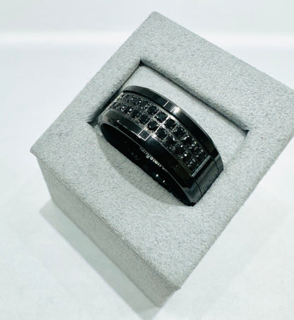 BLACK TUNGSTEN CARBIDE MENS WEDDING BAND WITH BLACK STONES, WIDTH: 9.5mm, SIZE: 11