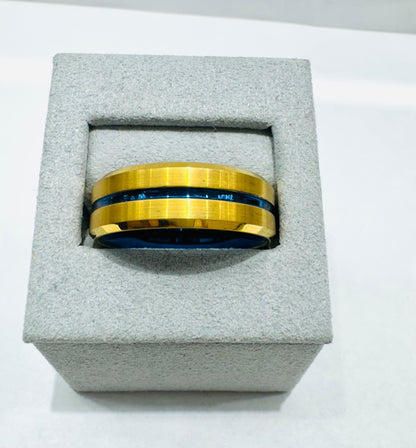 MENS GOLD & BLUE STRIPE TUNGSTEN CARBIDE WEDDING BAND 8mm, SIZE: 12