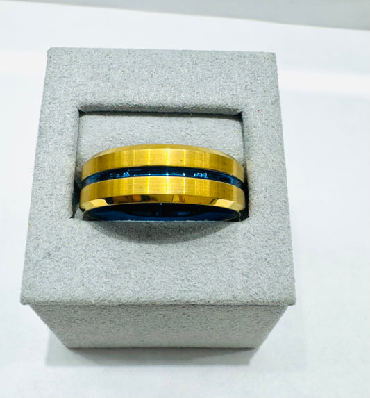 MENS GOLD & BLUE STRIPE TUNGSTEN CARBIDE WEDDING BAND 8mm, SIZE: 12