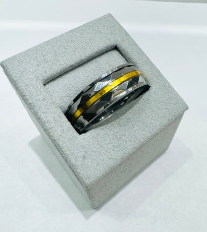 MENS FACETED TUNGSTEN WEDDING BAND WITH GOLD TONE INLAY, WIDTH: 7.7mm, SIZE: 12
