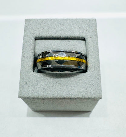 MENS FACETED TUNGSTEN WEDDING BAND WITH GOLD TONE INLAY, WIDTH: 7.7mm, SIZE: 12