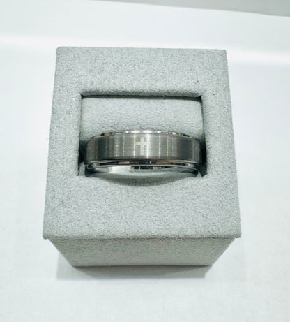 MENS TUNGSTEN CARBIDE WEDDING BAND WITH ENGRAVED CROSS, WIDTH: 6.7mm, SIZE: 12