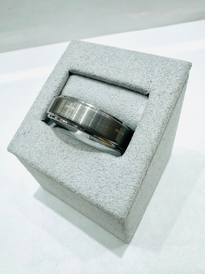 MENS TUNGSTEN CARBIDE WEDDING BAND WITH ENGRAVED CROSS, WIDTH: 6.7mm, SIZE: 12