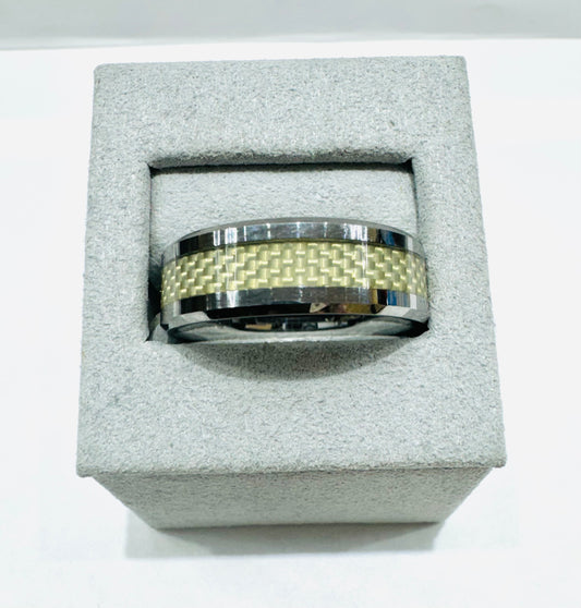 TUNGSTEN CARBIDE WEDDING BAND WITH CREAM CARBON FIBER INLAY, WIDTH: 8mm, SIZE: 13