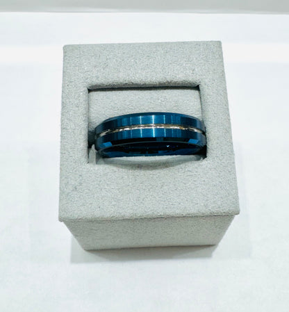BLUE TUNGSTEN CARBIDE BAND WITH BRUSHED FINISH & SILVER TONE ACCENT GROOVE, WIDTH: 6mm, SIZE: 12