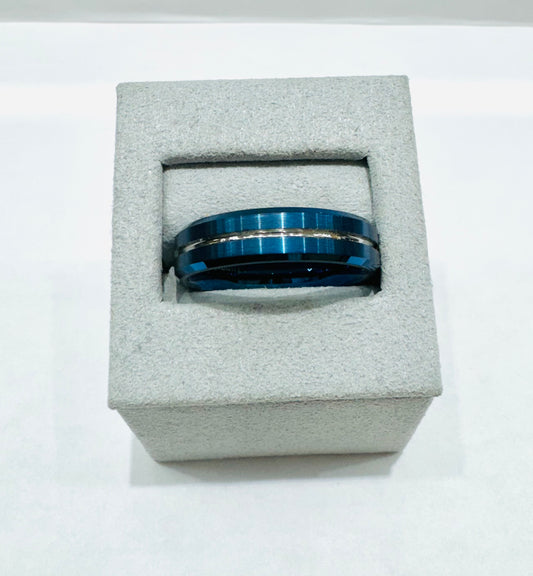 BLUE TUNGSTEN CARBIDE BAND WITH BRUSHED FINISH & SILVER TONE ACCENT GROOVE, WIDTH: 6mm, SIZE: 12