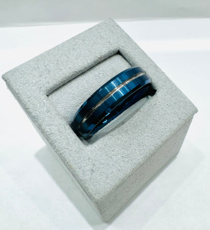 BLUE TUNGSTEN CARBIDE BAND WITH BRUSHED FINISH & SILVER TONE ACCENT GROOVE, WIDTH: 6mm, SIZE: 12