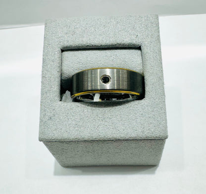 TWO TONE TUNGSTEN CARBIDE WEDDING BAND WITH SINGLE BLACK STONE, WIDTH: 7.6mm, SIZE: 10